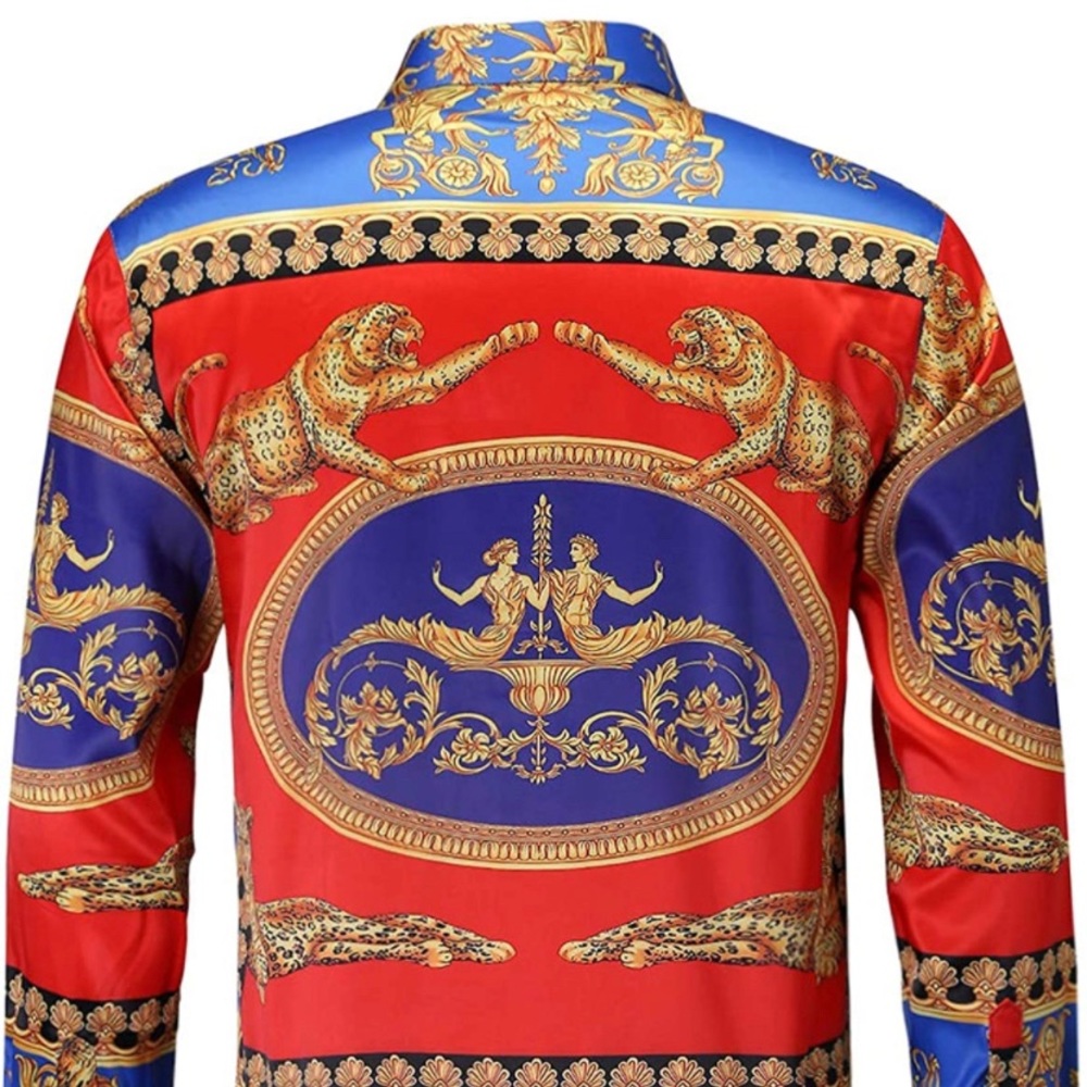 Mens Luxury Brand Printed Silk Like Satin Button Down Dress Shirt for Party